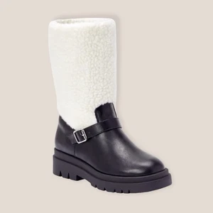 JustFab Scout Sherpa Low Calf Boot Womens 7.5 Black Faux Leather Winter Fuzzy - Picture 1 of 6