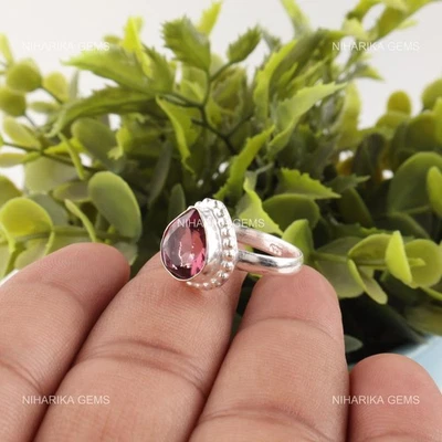 Anel de noivado solitário de aniversário de mãe rodolita natural pera prata 925 - Imagem 1 de 4