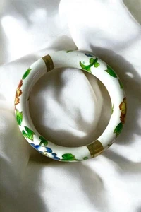 Vintage Cloisonne Enamel and Brass Chinese Hinged Chunky Bangle Bracelet - Picture 1 of 5