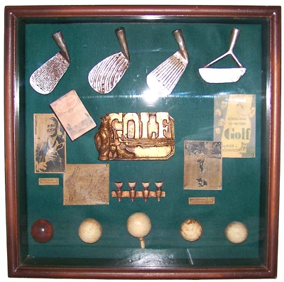 Caja de sombras de recuerdos de golf vintage con réplica de pelotas de golf palos y homenajes de golf Foto 1 de 4