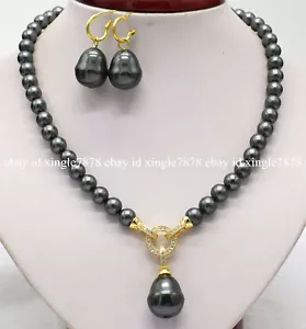 Genuine 10mm Black South Sea Shell Pearl Pendant Necklace Earrings Set 20" - Picture 1 of 12