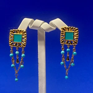 Striking Vintage Turquoise Enamel Earrings Goldtone Beaded Drop Rare Find - Picture 1 of 13