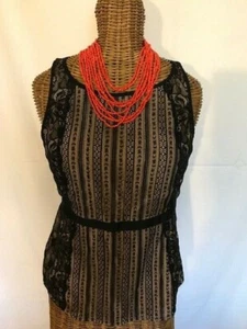 ANN TAYLOR LOFT - BEIGE BLACK LACE SLEEVELESS BLOUSE - 00P - Picture 1 of 3