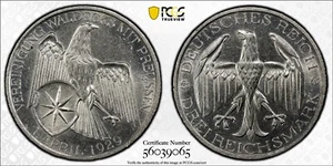 Germany 1929 A 3 Mark Weimar Republic Waldeck PCGS MS62 - Picture 1 of 3