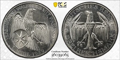 Germany 1929 A 3 Mark Weimar Republic Waldeck PCGS MS62 - Image 1 of 3