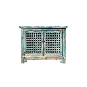Distressed Fade Turquoise Blue Latticewook Doors Credenza Storage Cabinet ws4448 - Picture 1 of 5