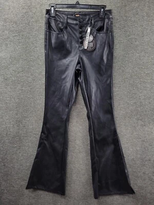 娃娃屋裤子女式青少年 3/4 黑色 Jackie Vegan 皮革高腰喇叭全新带标签 — 第 1/4 张图片