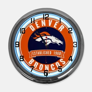 18" Denver Broncos Logo Metal Sign Designed White Neon Clock - SIGNBOX - Picture 1 of 6