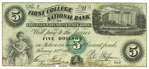 1864 First College National Bank of Claverack, New York $5 Note No.8 (59930) - Picture 1 of 2