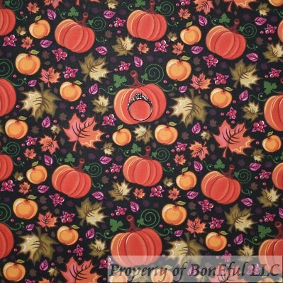 BonEful Fabric FQ Cotton Quilt Dark Red Orange Yellow Harvest Fall Leaf Pumpkin - Image 1 of 4