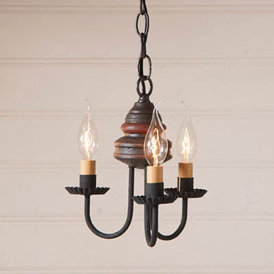 Irvin's Tinware 3 Arm Bellview Wood Chandelier - Country Primitive Lighting - Image 1 of 4