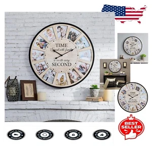 25" Vintage Rustic Photo Frame Collage Clock - Silent Battery Operated Decor - Picture 1 of 9