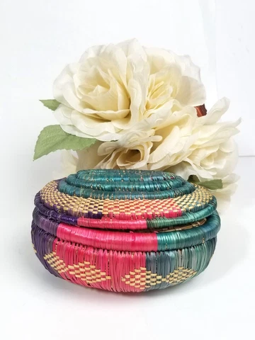 Vintage Coiled Hand Woven Lidded Color Burst Trinket Basket/ Bowl - 6" L Cover