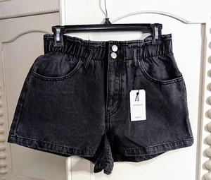 NWT Forever 21 Black Grey Paper Bag Elastic Denim Jean Shorts Stretch Button - Picture 1 of 3