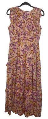 Banjanan Iris Dress XS Monarch Fuchsia Print Sleeveless Smocked Midi - Изображение 1 из 4