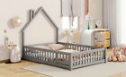 Full Size House-Shaped Headboard Floor Bed with Fence