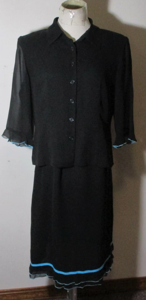 SILK CYNTHIA HOWIE Negro 100% Seda 2 Piezas Blusa y Falda Conjunto Talla 12 Foto 1 de 4
