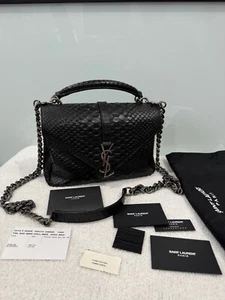 YSL Purse College Python Medium Bag Black Silver Hardware Cuero Vacuno 1 Owner - Picture 1 of 8