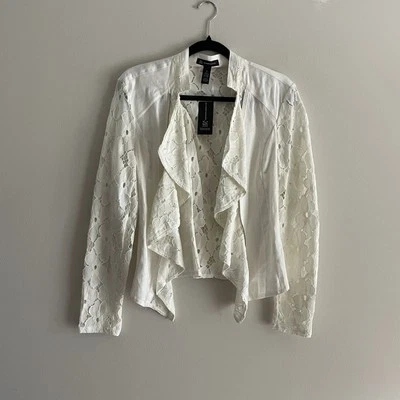 INC International Concepts M White Linen Lace Ruffle Open Front Moto Jacket NWT - Image 1 of 4