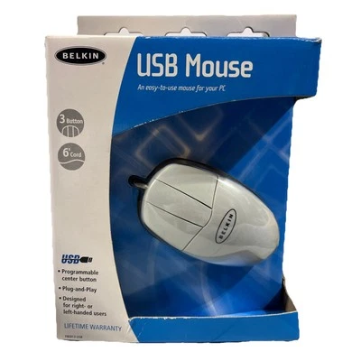 VTG Belkin USB Mouse F8E813-USB 3 Button Programmable Plug & Play White 6' Cord - Image 1 of 3