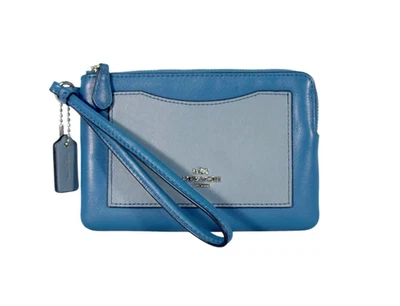 COACH $75 Colorblock Corner Zip Small Blue Leather Wristlet Wallet Clutch - MINT - Image 1 of 4