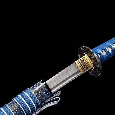 Handmade Japanese Wakizashi T10 Clay Tempered with Blue Lacquered Saya Brass Fit - Image 1 of 4
