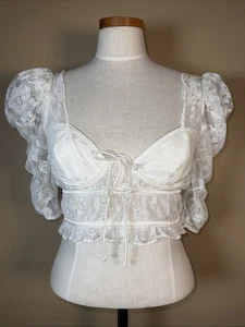 For Love And Lemons Lorena Lace Top Medium EUC Attached Bra  White Puff Sleeve - Picture 1 of 12