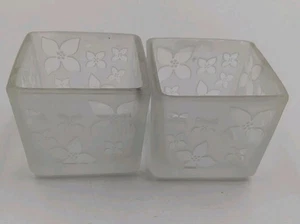 PartyLite Votive Candle Holder Pair Frosted Flowered Square Etched Glass - Picture 1 of 5