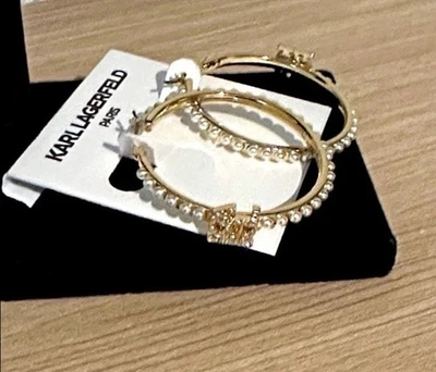 Karl Lagerfeld Paris Gold Tone Faux Pearl & Karl Logo Hoop Earrings NWT - Image 1 of 4