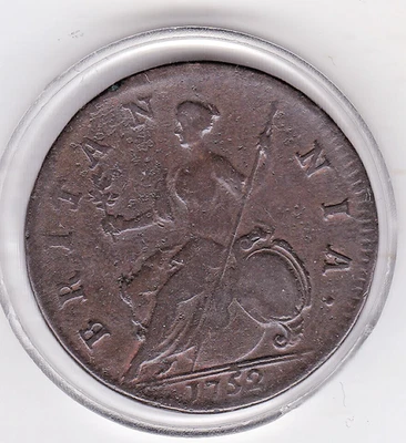 Moeda de cobre Sharp 1752 meio centavo (1/2d), King George 2ª - Imagem 1 de 2
