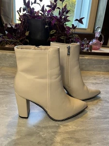 Catherine Malandrino Off White Pointed Toe Block Heel Studded Boots Size 8.5 - Picture 1 of 9