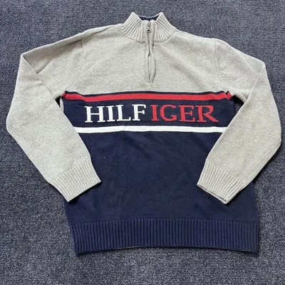 Tommy Hilfiger Sweater Youth Large 16/18 Gray Navy Half Zip Pullover Spell Out - Image 1 of 4