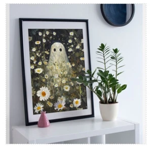 Cute Ghost Daisies Print Halloween Spooky Season Poster wall art Print Decor - Picture 1 of 2