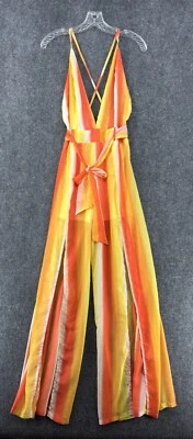 Papaya Plunging Maxi Romper Large Orange Yellow Sheer Tropical Sexy Resortwear - Image 1 of 4