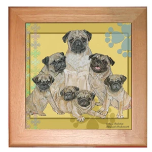 Pug Dog Kitchen Ceramic Trivet Framed in Pine 8" x 8" - Picture 1 of 1