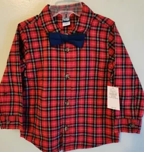 NEW Old Navy Boys 18-24 MONTHS Red Navy Plaid Button Down Shirt & Bow Tie #21123 - Picture 1 of 4