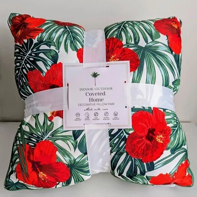Embroidered Hibiscus Pillow Set Indoor/ Outdoor Water Resistant Hawaii Tropical - Image 1 of 4