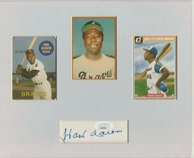 HANK AARON #44 SIGNED INDEX CARD MATTED WITH 3 CARDS JSA COA - Image 1 of 4