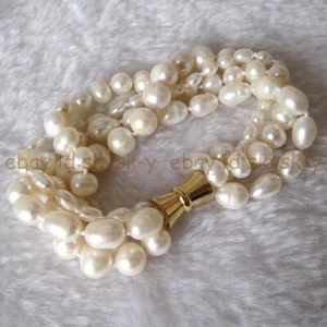 4 Strands 5-10mm Natural White Freshwater Rice Baroque Pearl Bracelet 8'' - Picture 1 of 3