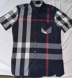 Burberry Herren kurzärmlig kariert Stretch Baumwolle Popeline Shirt BLAU GRÖSSE M - Bild 1 von 3