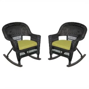 Jeco Wicker Rocker Chair in Black with Green Cushion (Set of 2) - Picture 1 of 1