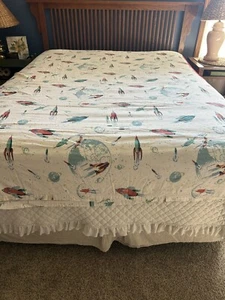 Rocket Outer Space Flannel Duvet Cover Cotton White Red Blue Handmade FULL Bed - Picture 1 of 11