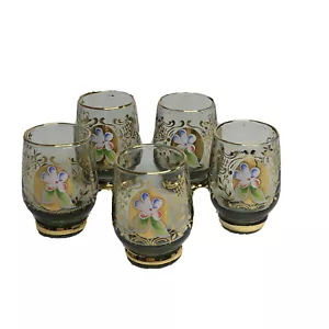 5 Böhmische Cordials Schnaps Gläser Rauchglas handbemalt Gold venezianisch 24kt - Bild 1 von 11