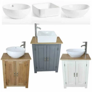 Bathroom Compact Vanity Unit | Solid Oak Sink Cabinet | Ceramic Basin Tap Plug - Picture 1 of 12