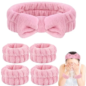 5 PCS Spa Headband and Wristband Set Face Wash Hair Band Water Guards Pink - Picture 1 of 12