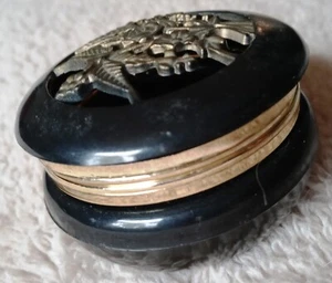 Bakalite/Lucite (?) Black Trinket Box Keepsake Hinged gold accent, carved top. - Picture 1 of 4