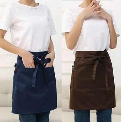 Delantal babero de lino unisex medio simple con bolsillos para cocina hogar café floristería Foto 1 de 4