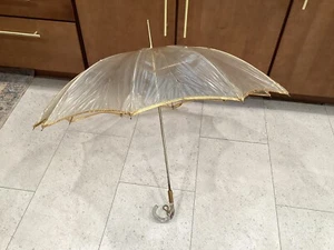Vtg Umbrella 1950's - 1970,s Clear See Through w/ Gold Trim, Lucite Handle - Picture 1 of 5