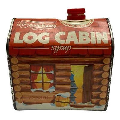 Vintage 1980s Red Log Cabin Maple Syrup Tin Can 100th Anniversary General Foods  - Image 1 of 4