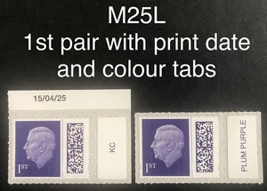 GB 2025 KCIII 1st Barcoded Definitive Stamps pair M25L with colour/date tabs MNH - Picture 1 of 1